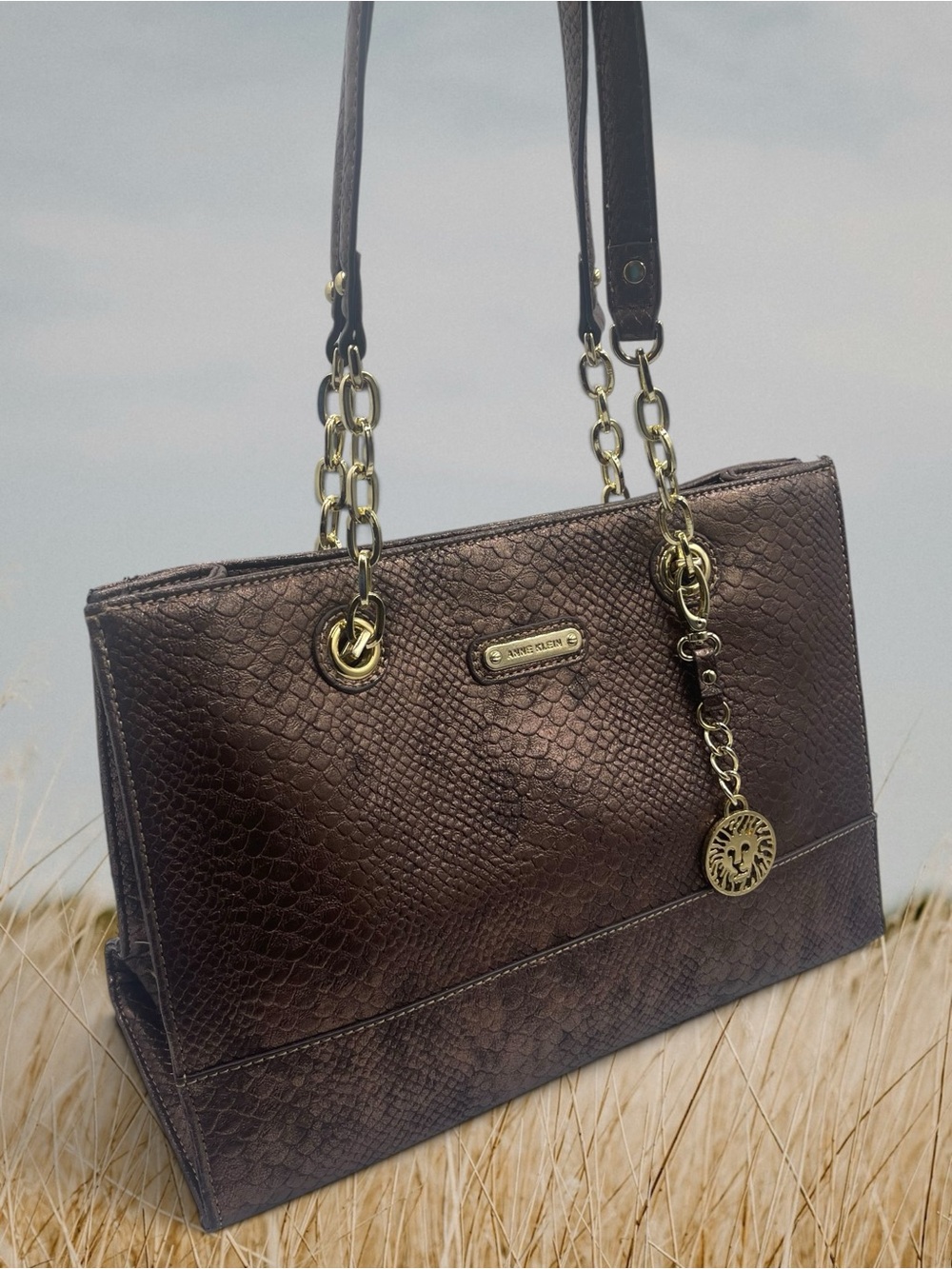 Anne Klein Vintage Snake Embossed Shoulder Tote Bag Gold Hardware Charm
